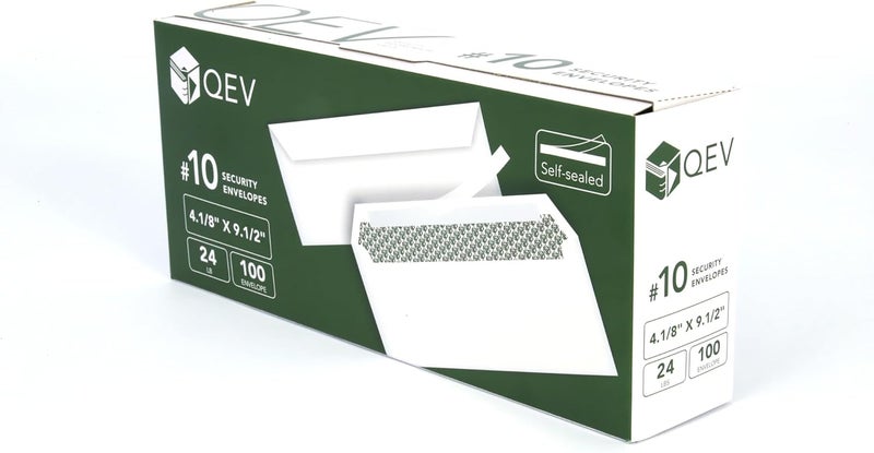 QEV 100 count #10 Self Seal Security Letter Size Envelopes, No. 10 or 4.1/8" x 9.1/2", 24 lb White Paper, Windowless - Image 1
